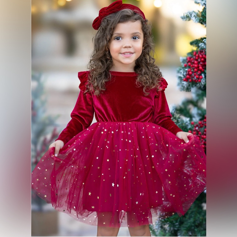 NNJXD Princess Girl Long Sleeve Red Velvet Gold Star Tulle Party Dress